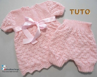 TUTO tu-110 - Baby knitting sheet explanations with photos of the dress and bloomers or panties for mixed baby girl or boy 1 month