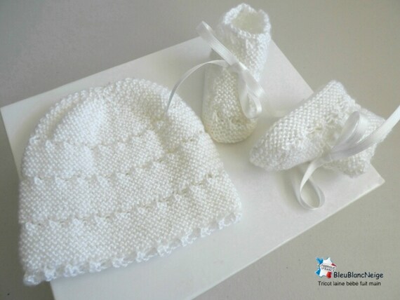 Bebe And Slippers Cap 1 Month Old White Wool Calinou Striped Etsy