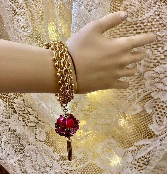 Vintage Monet Charm Bracelet with Jeweled Ball   … - image 3