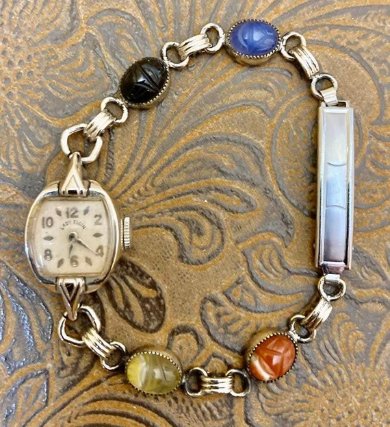 Vintage Lady Elgin 10K Gold Filled Watch With Scarab Band  display picture 2