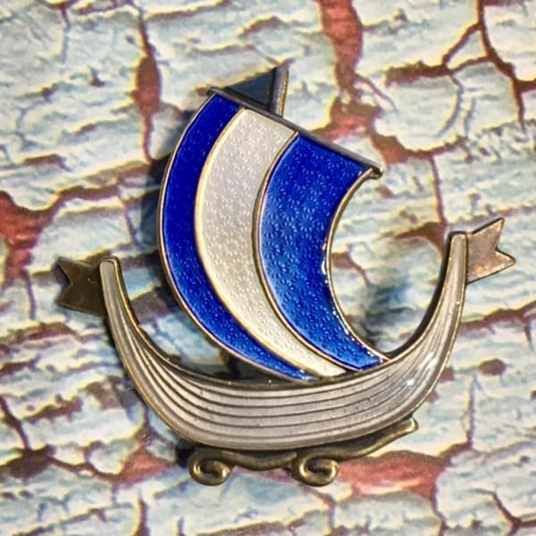 Vintage~Aksel Holmsen~Norway Sterling Silver Enamel~Guilloche~Norwegian Viking Ship Brooch      291