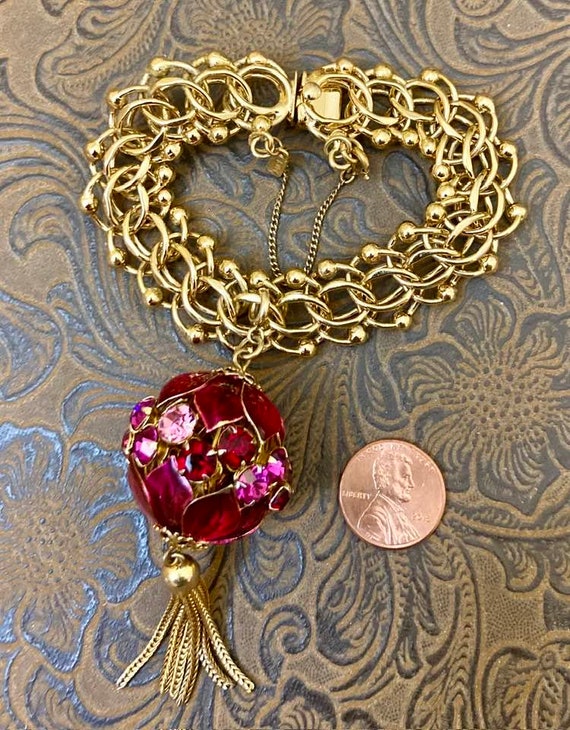 Vintage Monet Charm Bracelet with Jeweled Ball   … - image 10