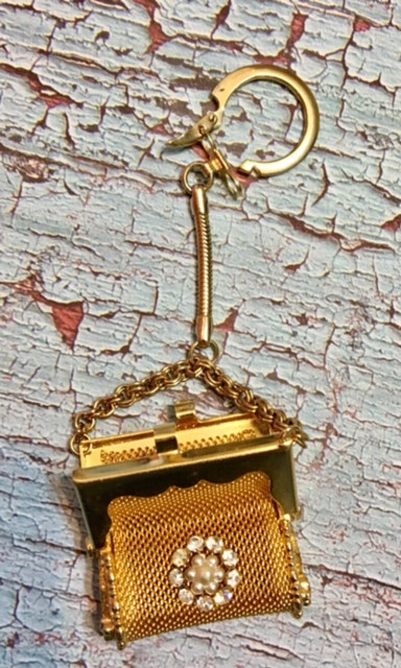 Vintage Rhinestone Faux Pearl Mesh PurseCoin Key Holder