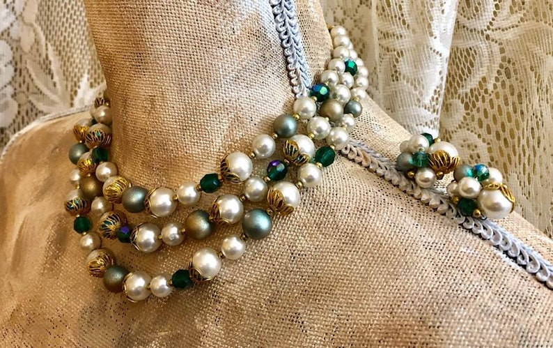 Vintage Deauville Three-Strand Beaded Choker and Earrings 845