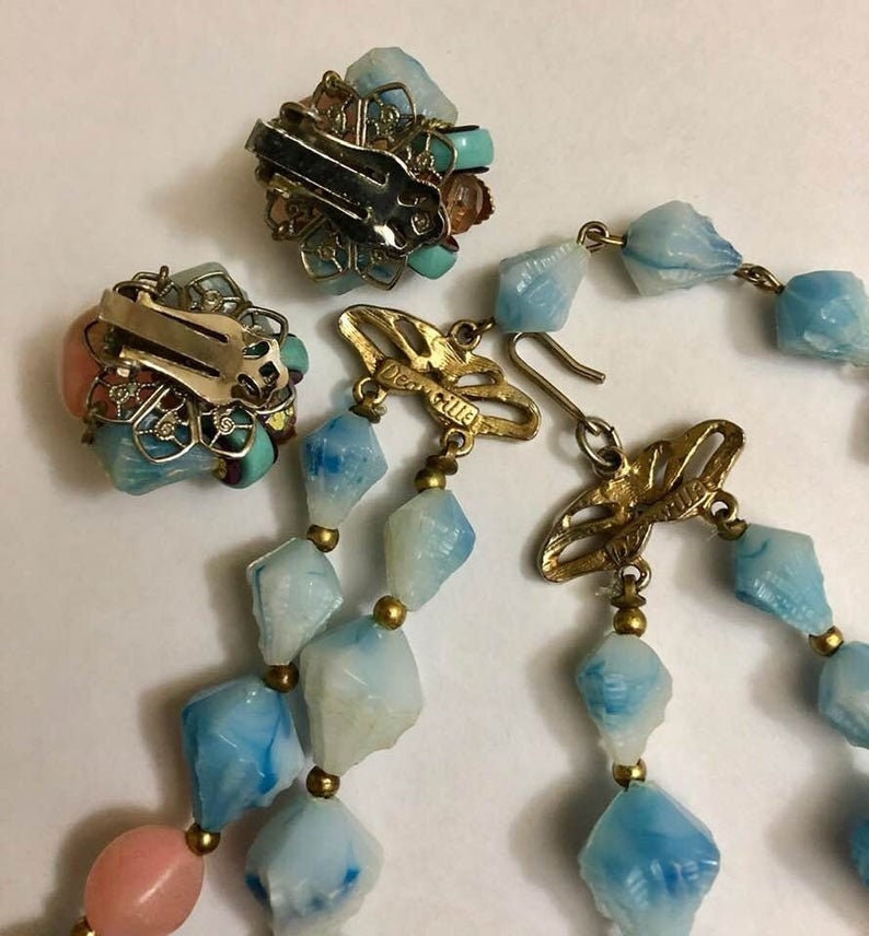 Vintage Deauville Double-Strand Beaded Choker and Earring Set 864