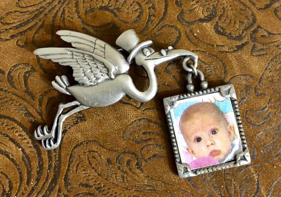 Vintage Signed JJ Stork With Photo Frame~dangling Charm Brooch 183