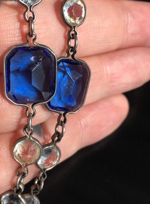Collier Pendentif Croix Art Déco En Argent 925 - Pierres Bleu Cobalt - Vintage Très Bon état