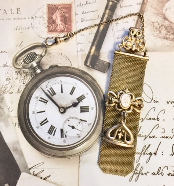 Antique Mesh WATCH FOB 1903 Art Nouveau 12 Kt Gold Plated & Wax Seal Engraveable Vintage 1903 Gold Tone Mesh Ornate and Engraved Pocket Watch  main image 3