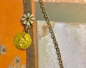 Vintage Watch Fob Ruby Red Stone with Miraculous Medal       996
