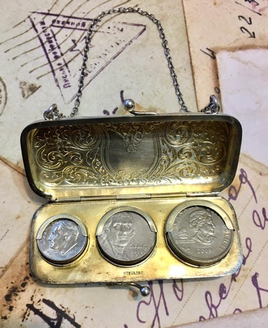 Vtg Solid Sterling Silver Etched Ladies Wallet Purse Change Bill Holder  Mirror