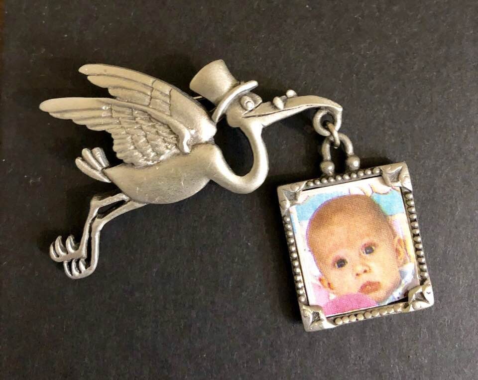 Vintage Signed JJ Stork With Photo Frame~dangling Charm Brooch 183