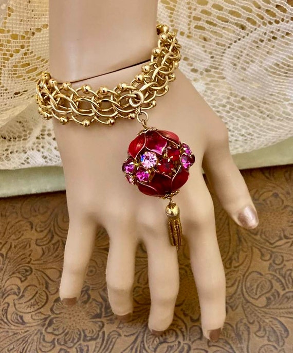 Vintage Monet Charm Bracelet with Jeweled Ball   … - image 5