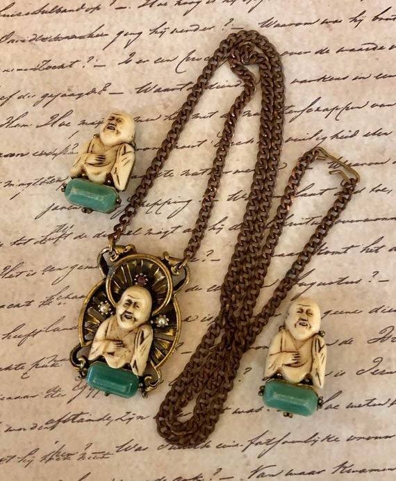 Vintage SELRO Style Buddha Necklace and Earrings - image 7