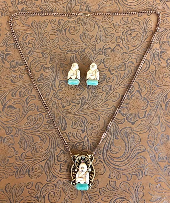 Vintage SELRO Style Buddha Necklace and Earrings - image 5