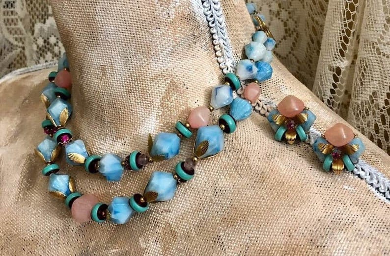 Vintage Deauville Double-Strand Beaded Choker and Earring Set 864