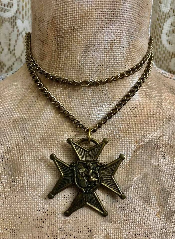 Vintage Lion Maltese Cross Necklace               