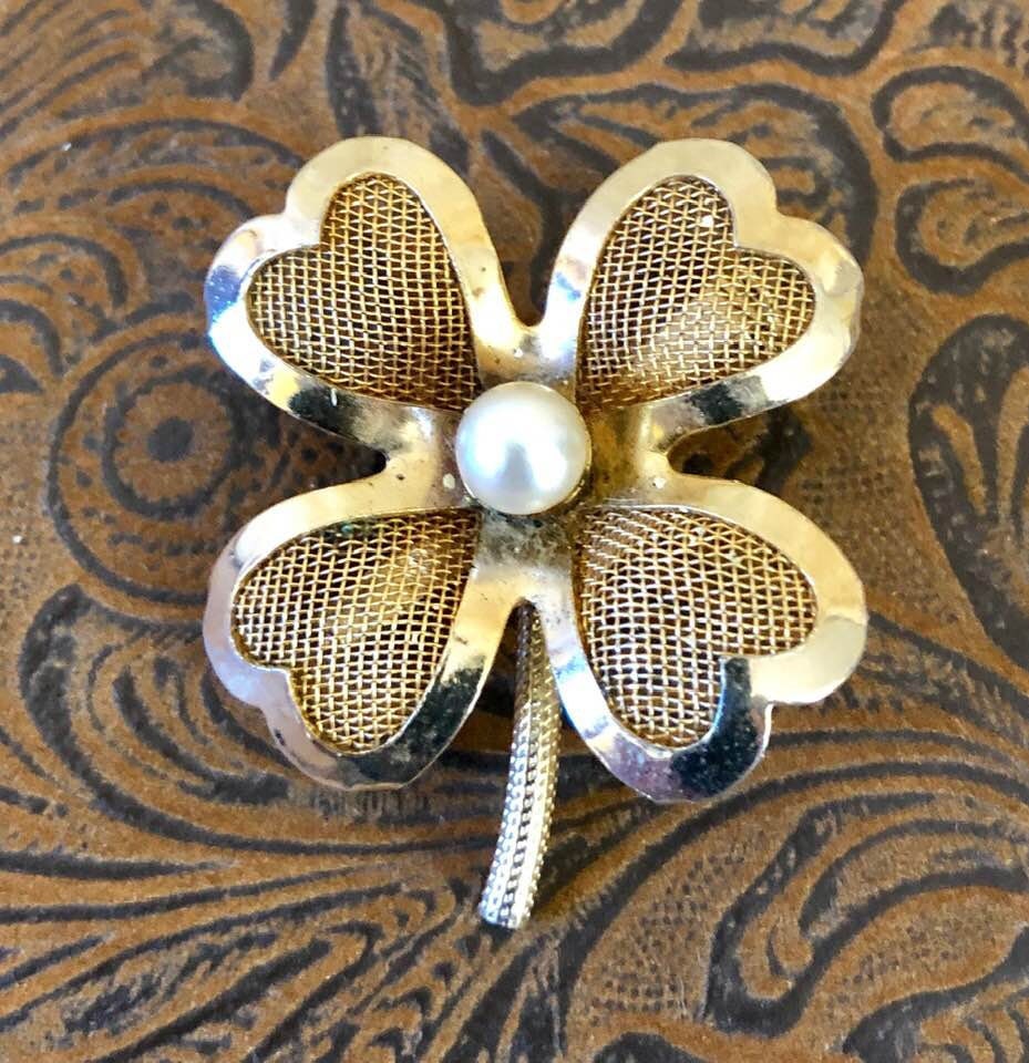 Broche Vintage Coro Trèfle à 4 Feuilles - Perles Et Ton Doré, Occasion