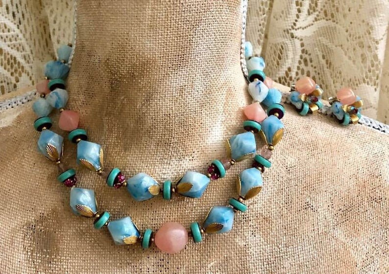 Vintage Deauville Double-Strand Beaded Choker and Earring Set 864