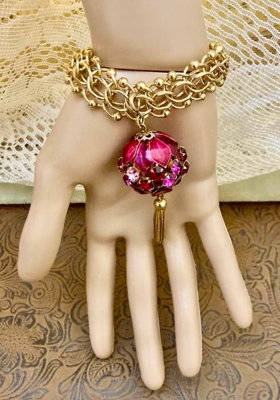 Vintage Monet Charm Bracelet with Jeweled Ball   … - image 1