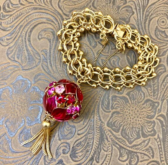 Vintage Monet Charm Bracelet with Jeweled Ball   … - image 6