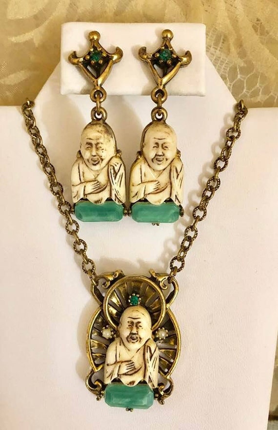 Vintage SELRO Style Buddha Necklace and Earrings