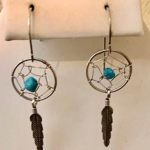 Vintage Sterling Silver Dreamcatcher Earrings with Turquoise Chunks
