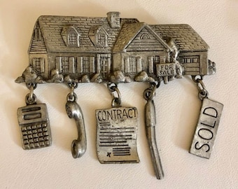 Vintage Signed JJ Real Estate/Realtor~Dangling Charm Brooch              160