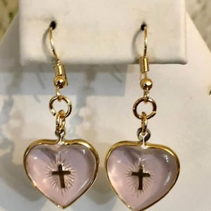 Vintage New Stock Heart Shaped Mustard Seed/Cross Earrings          634