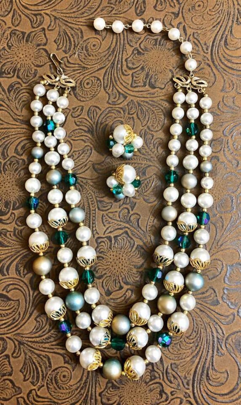 Vintage Deauville Three-Strand Beaded Choker and Earrings 845