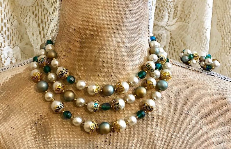 Vintage Deauville Three-Strand Beaded Choker and Earrings 845