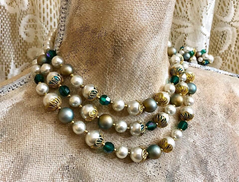Vintage Deauville Three-Strand Beaded Choker and Earrings 845