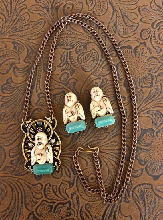 Vintage SELRO Style Buddha Necklace and Earrings - image 1