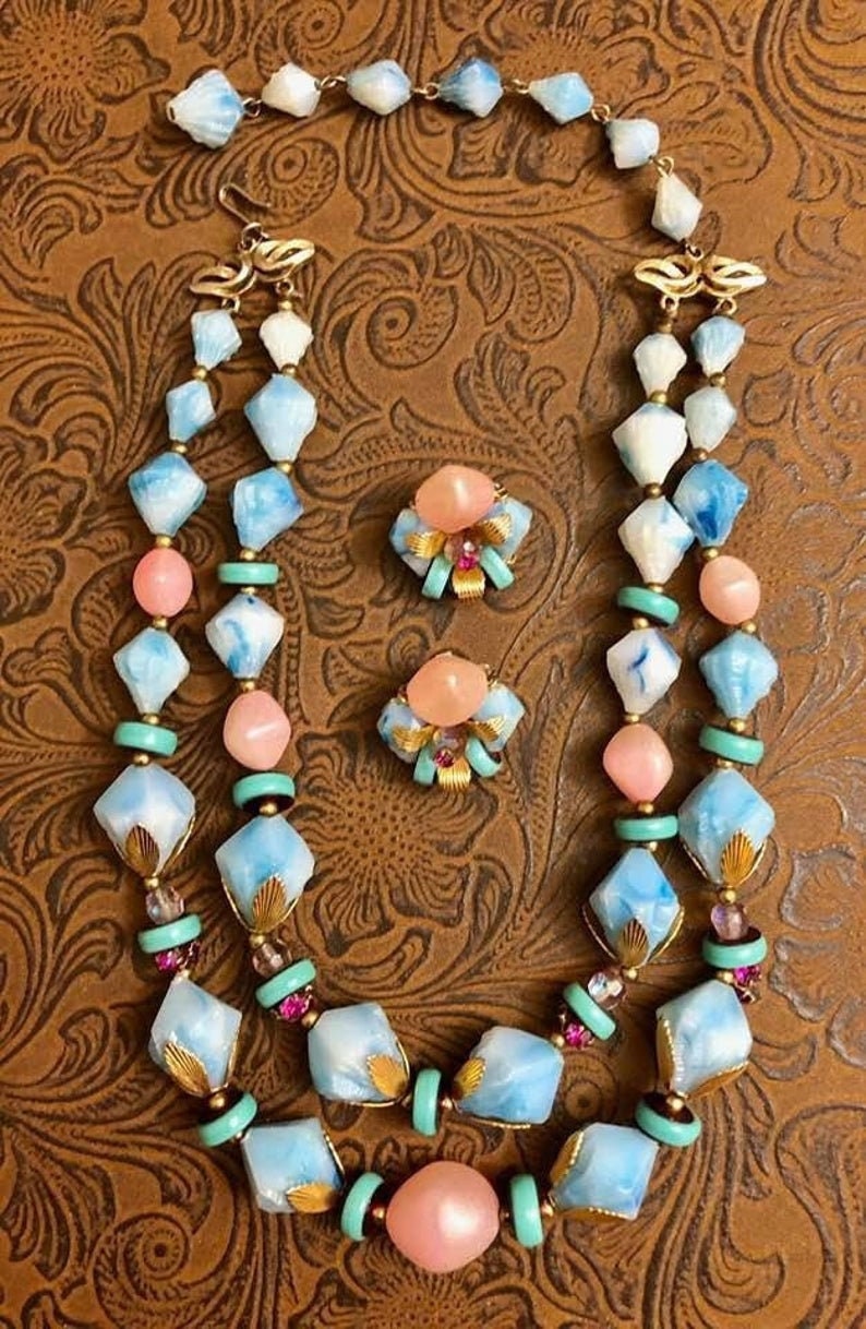 Vintage Deauville Double-Strand Beaded Choker and Earring Set 864