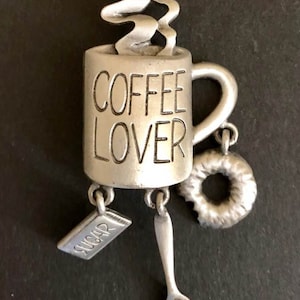 Vintage Signed JJ Coffee Lover~Dangling Charm Brooch          159