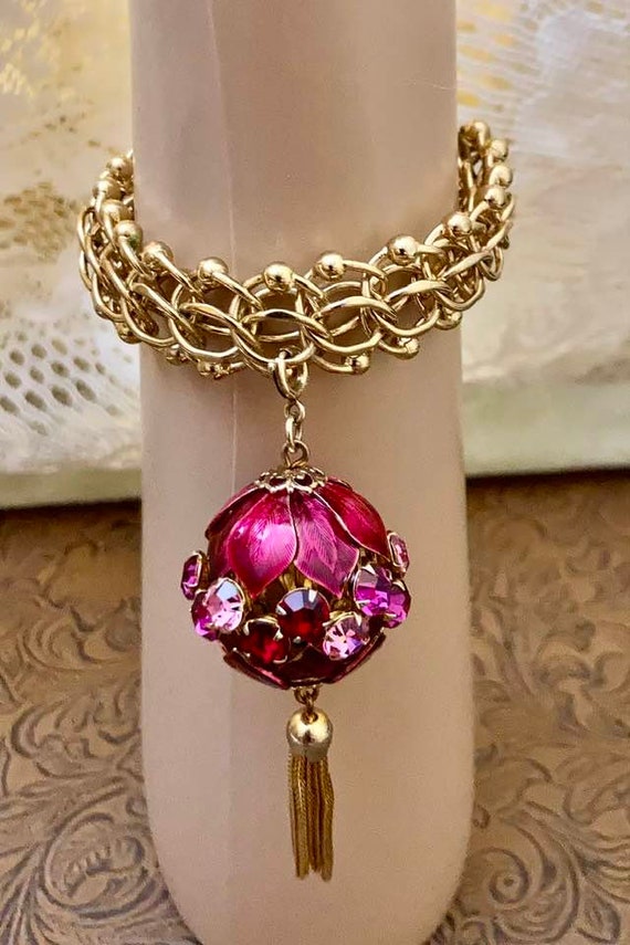 Vintage Monet Charm Bracelet with Jeweled Ball   … - image 2