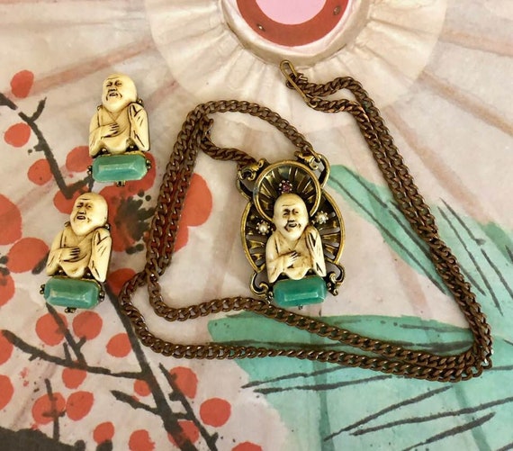 Vintage SELRO Style Buddha Necklace and Earrings - image 6