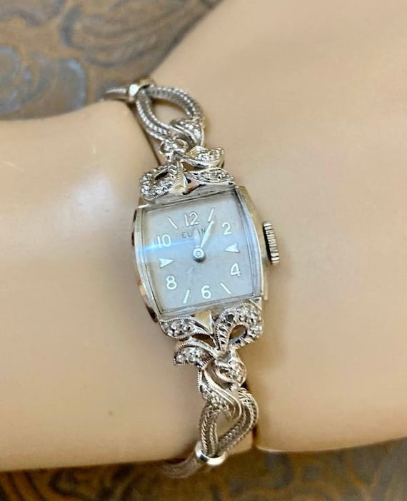 Vintage Ladies Elgin 14K Gold Watch with Diamonds 
