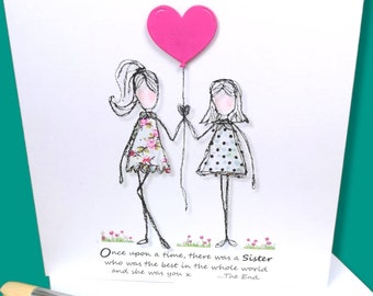 Sister card, embroidery art card print of original embroidery artwork, quirky unusual sister birthday card,  sewing lover  card