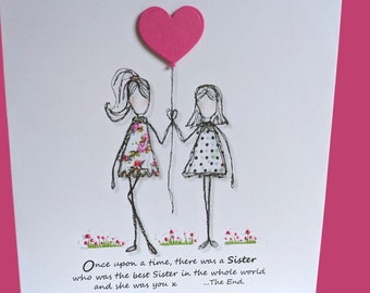 Sister card, embroidery art card print of original embroidery artwork, quirky unusual sister birthday card,  sewing lover  card