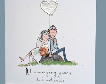 Handmade 10th Anniversary Card: Real Tin Heart, Embroidered Flowers and glitter embellishments