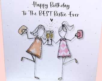 Best friend card embroidery artwork print, friend birthday card bestie birthday card quirky friend card prosecco champagne lover best bestie