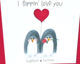 Penguin Valentine's Card: handmade 3d original artwork Husband, Wife Anniversary Card