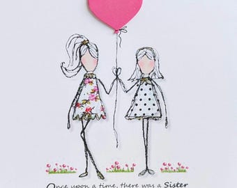 Sister card, embroidery art card print of original embroidery artwork, quirky unusual sister birthday card,  sewing lover  card