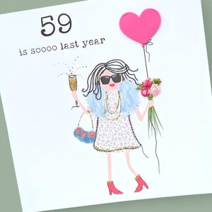 Handmade 60th birthday card Best friend, wife, hand drawn with  3d balloon, fabric flowers and glitter,