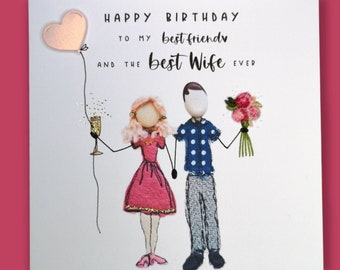 Wife birthday card, quirky wife birthday card, unusual wife birthday card, embroidery art print, sewing lover card, champagne prosecco lover