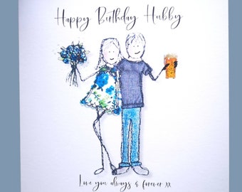 Husband Birthday card, embroidery artwork print card quirky unusual card for husband beer lover hubby birthday card