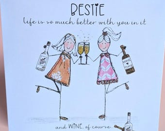 Friend Birthday Card, embroidery artwork print,  Handmade, Sparkly, Bestie, Quirky, Wine lover greeting