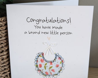 New baby girl card, embroidery art print card, new baby card, handmade quirky and unique card, cute baby bib card, quality card