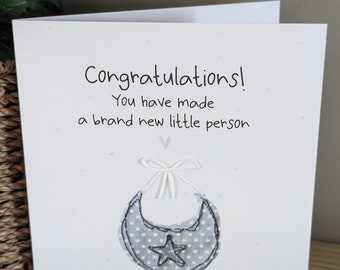 New baby boy card, embroidery art print card, new baby card, handmade quirky and unique card, cute baby bib card, quality card