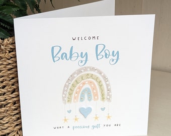 Beautiful New baby boy card, new baby card, handmade quirky and sparkly card, cute rainbow card, quality 300 gsm card